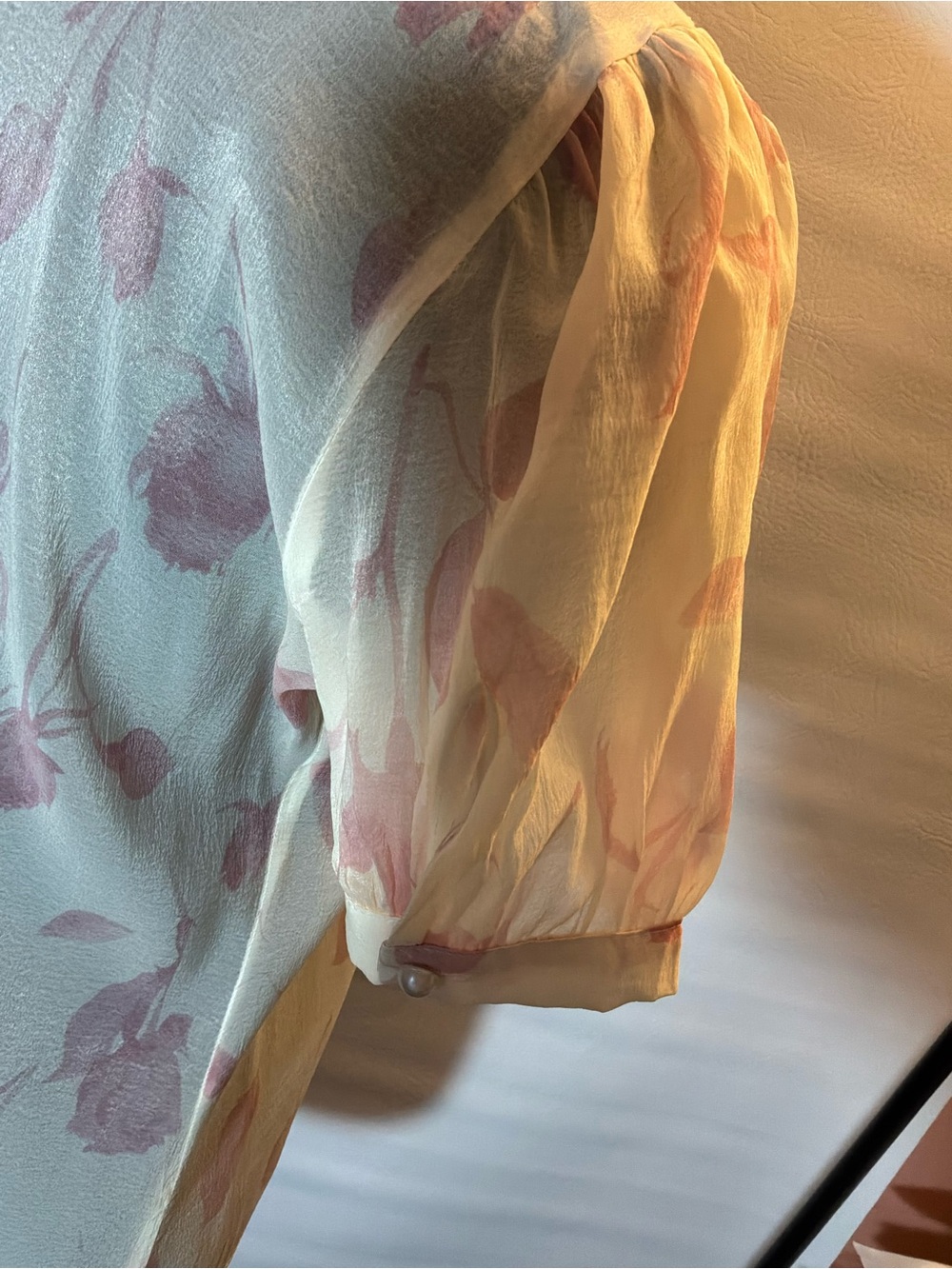 🌙✨ Alice Blue Romantic Sheer Floral Pearl-Button Blouse - Picture 4 of 7